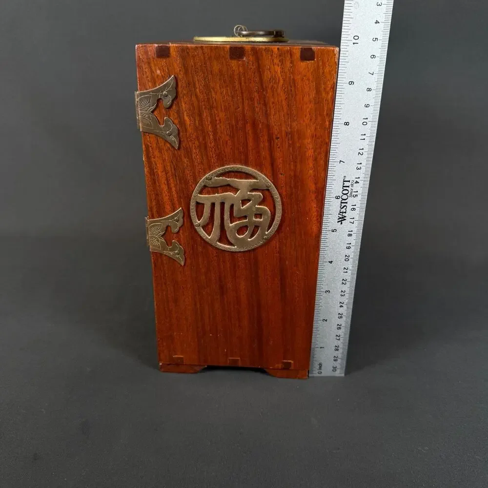 Vintage Chinese Dressing Case Jewelry Box Wood Brass Lined 4 Drawer